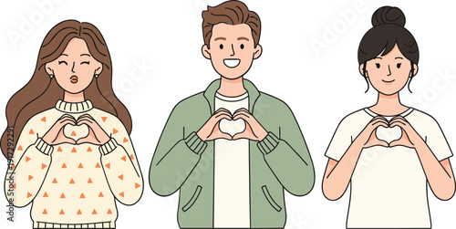 Young people showing heart hand gesture illustration representing love, friendship and positive emotion in modern flat cartoon style