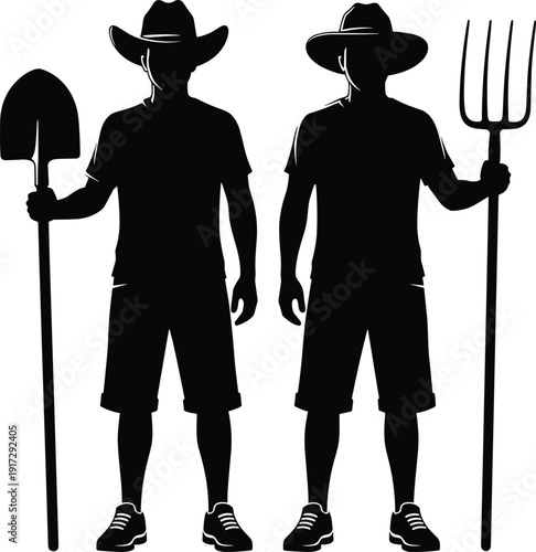 Two farmers holding shovel and pitchfork silhouette vector, gardeners with agricultural tools, farming occupation characters, rural organic gardening landscape element.