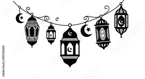 A string of lanterns and crescent moons