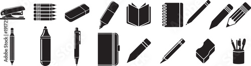 Various writing tools and office supplies icons set flat design on checkered