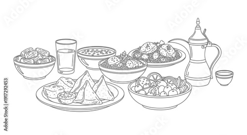 A table setting with various middle eastern dishes and drinks