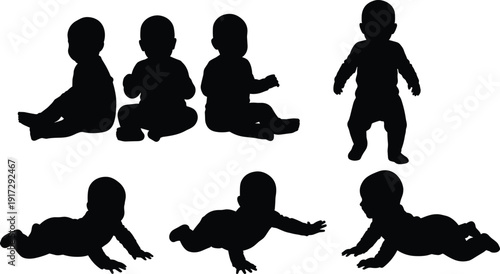 Baby and toddler silhouette vector set, infant crawling sitting and standing positions, childhood growth stages, newborn development icons, nursery graphic elements.