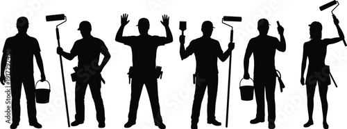Painter worker silhouettes vector illustration, professional painting team holding rollers and buckets, isolated black figures on white background for renovation and construction design