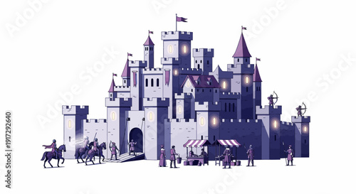 Medieval castle with people and horses in a vibrant purple scene