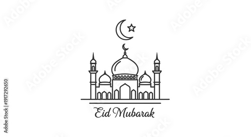 Eid mubarak greeting with mosque and crescent moon