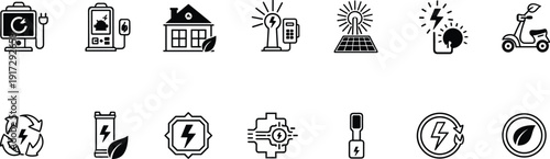 Renewable Energy Green Power Icons Set, Solar Battery Eco Home Electric Vehicle Charging Sustainability Lightning Recycle Leaf Vector Line Art Illustration