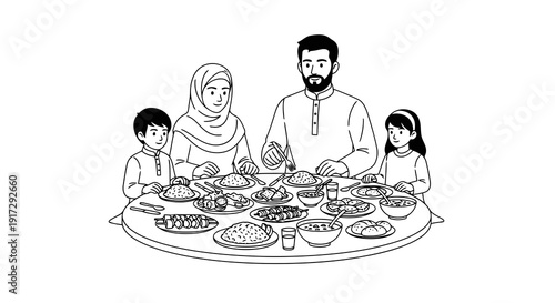 A family sitting around a table with food