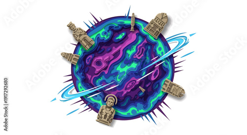 Vibrant galaxy with futuristic spacecraft orbiting colorful planet