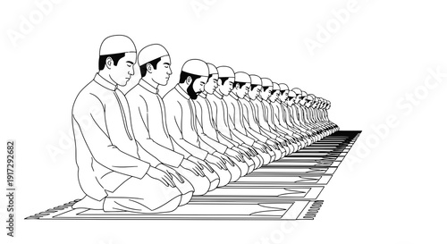 Muslim men praying in congregation on a prayer mat