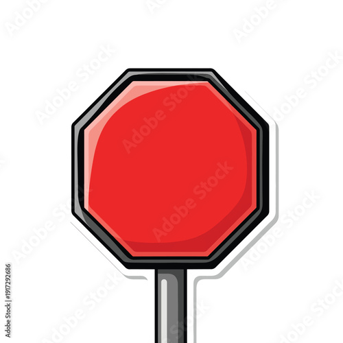 An octagonal red stop sign on a metal pole viewed from the front in a graphic illustration style