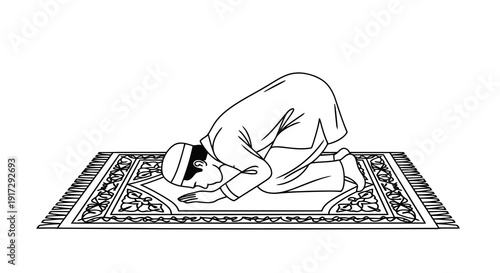 A man is kneeling on a prayer mat reading a book