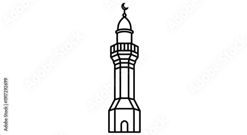A black and white drawing of a tall tower with a crescent moon on top