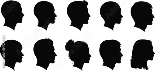 Set of black silhouettes showing human head profiles, diverse hairstyles and head shapes, isolated on white background, vector icons for design and education.