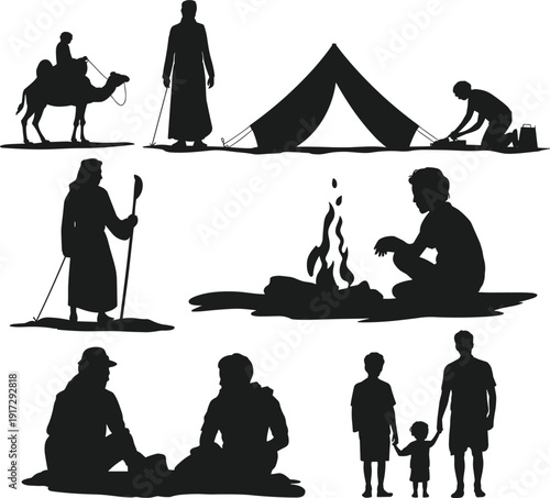 Desert camping and nomadic lifestyle silhouettes, Bedouin people with camel, tent setup, campfire scene, family travelers black vector illustration collection
