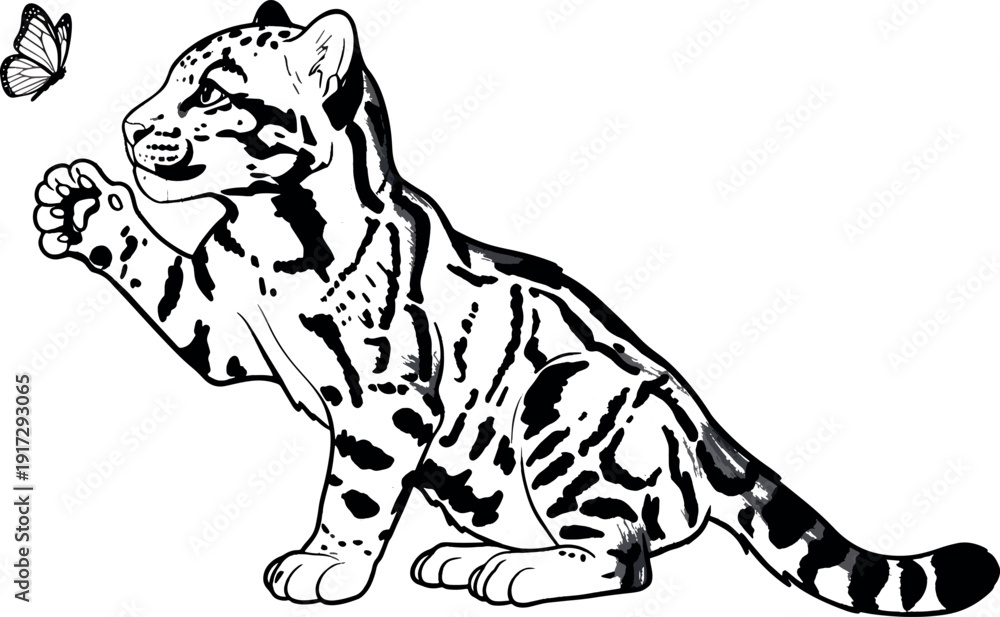 Fototapeta premium Cute Baby Tiger Cub Playing with Butterfly in Black and White Illustration