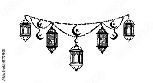 A string of lanterns with crescent moons