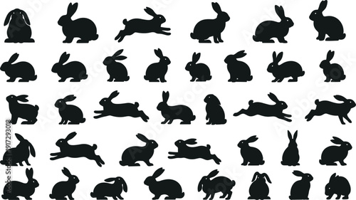 Set of black silhouettes showing rabbits in various poses, including running, sitting, and jumping, isolated on a white background, vector graphic design elements.