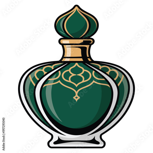 Elegant green perfume bottle with gold arabic ornamental patterns, depicting luxurious fragrance and ancient middle eastern beauty product