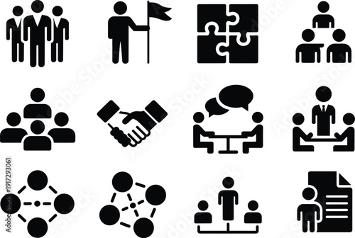 Business teamwork and leadership icons set, corporate management strategy, partnership communication, organization structure flat silhouette vector collection