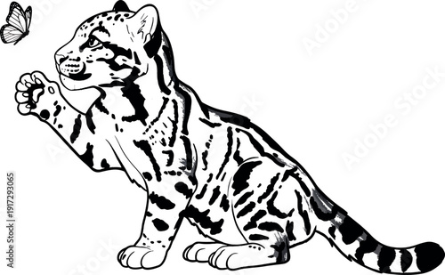 Cute Baby Tiger Cub Playing with Butterfly in Black and White Illustration