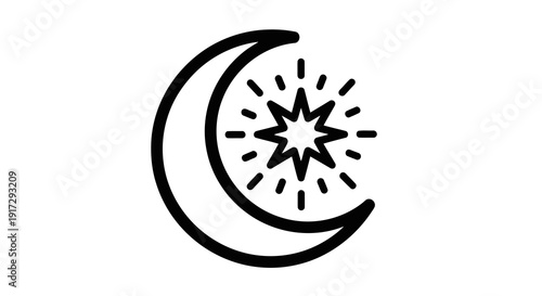 A black and white image of a crescent moon with a star