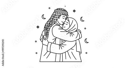 A woman hugs a baby under the stars and moon