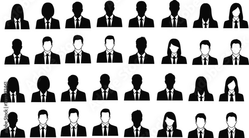 Set of business people avatar silhouettes for corporate profiles, team organization charts, user icons, human resources management, and professional networking illustrations on white background.