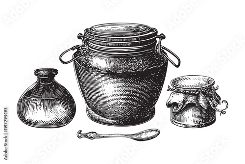 Vintage jars and spoon vector illustration transparent background sketch engraving black and white