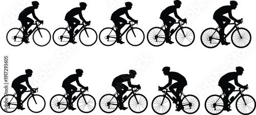 Set of Cycling Sport Silhouette Icons Featuring Cyclists Riding Bicycles in Different Poses and Paced Motions Isolated on White Background for Sports Graphic Designs