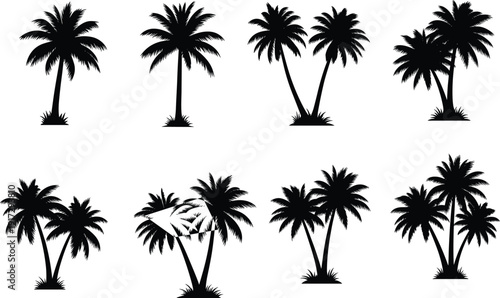 Set of eight black vector palm tree silhouettes, different tropical tree shapes and groupings, isolated on a white grid background, perfect for summer design elements.