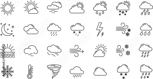 Weather Forecast Icons Set, Sun Cloud Rain Snow Thunderstorm Wind Fog Tornado Temperature Sunrise Sunset Meteorology Symbols Vector Line Art Illustration