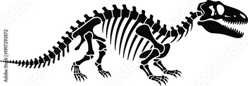 Dinosaur skeleton silhouette illustration, theropod T-Rex fossil icon skull ribcage spine limb tail bone design, vector artwork, paleontology and educational theme, isolated background
