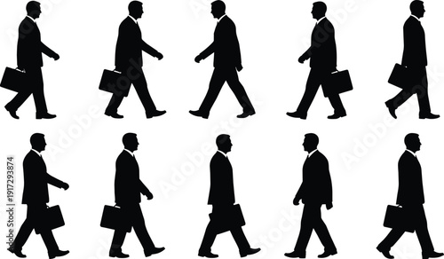 Business commuter silhouette illustration set, ten black icons office worker briefcase walking routine corporate lifestyle design, vector artwork, workplace and cultural theme, isolated background