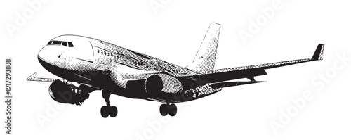 Commercial airplane, passenger jet, aircraft in flight, travel transport, detailed mechanical, isolated on transparent background, vector