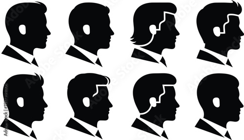Hearing aid silhouette illustration set, eight black icons male head profile device design audiology awareness, vector artwork, medical and lifestyle theme, isolated background