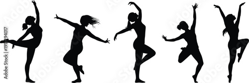 Five black silhouette dancers performing various ballet and contemporary dance poses against a white background