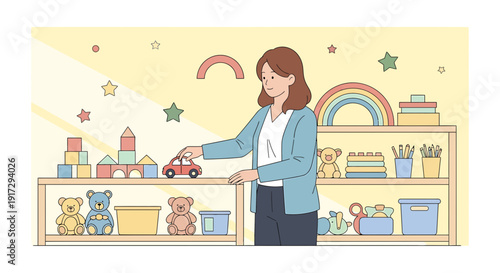Caring adult organizing toys in a colorful playroom with shelves and sunshine.