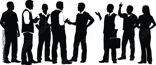 Group discussion silhouette illustration set, eight black icons people talking debate communication teamwork meeting design, vector artwork, business and lifestyle theme, isolated background