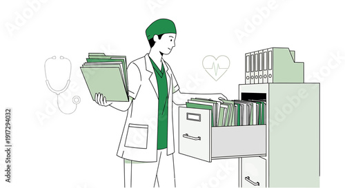 Doctor organizing medical records in a clinic, healthcare data management illustration