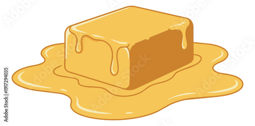 Cartoon illustration of a butter stick depicting melting and dripping for breakfast and baking