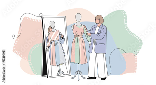 Fashion Designer Adjusting Dress on Mannequin with Mirror Reflection, Pastel Colors