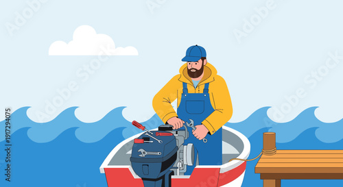 Fisherman repairing boat motor at sea, nautical activity, seaside maintenance