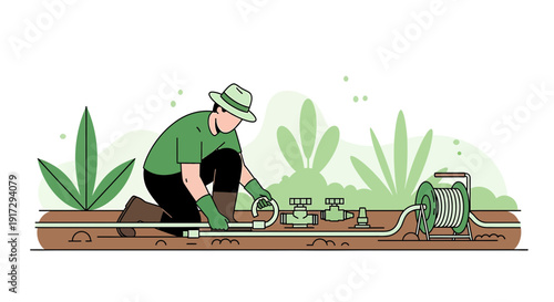 Gardener Installing Irrigation System in Garden Bed