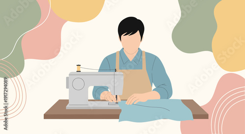 Man Sewing Fabric on Machine, Crafting Handmade Clothing, Textile Art