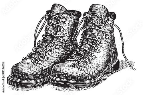 Pair of hiking boots with laces on transparent background vector sketch illustration