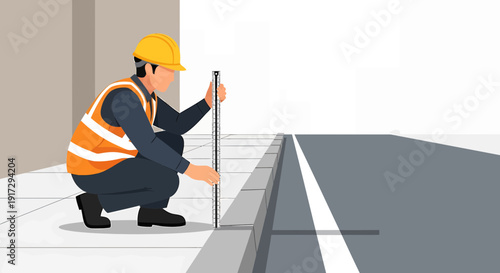 Surveyor Measuring Pavement Height with Rod on Sidewalk Next to Road