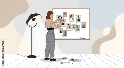 Woman Arranging Fashion Photos on Whiteboard, Creative Planning Session