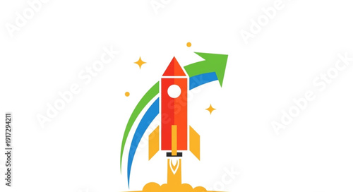 Red rocket launching upwards with green arrow and stars.