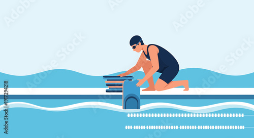 Swimmer preparing for race on starting block with books and bag