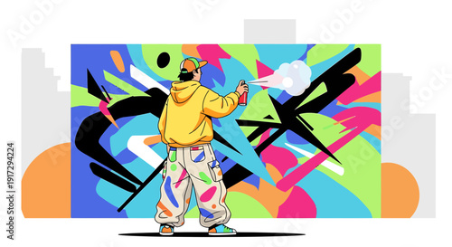 Urban Artist Spray Painting Colorful Abstract Graffiti Mural